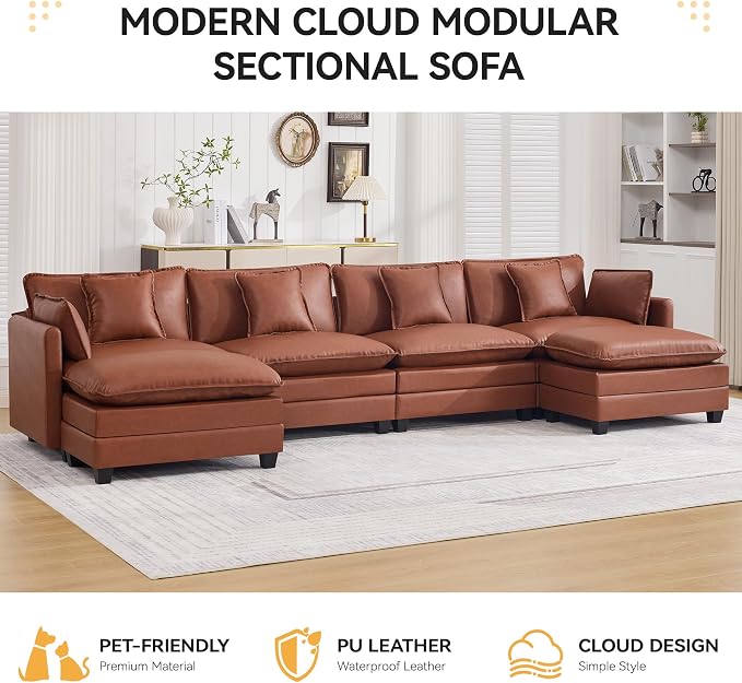 147'' Sectional Cloud Deep Seat Couch, Oversized Leather U Shaped Sectional Sofa for Living Room Set, Comfy Upholstered Modular Sectional Sofa Couch with Movable Ottoman, Leather Brown