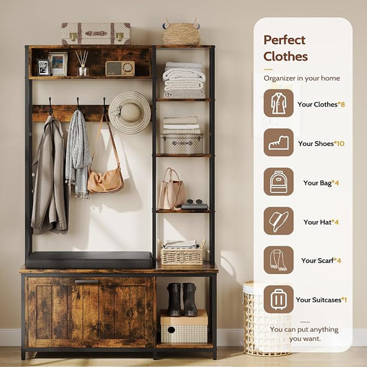 Hall Tree Coat Rack, Hall Tree With Bench and Shoe Storage Shoe With, Mud Room Storage Furniture,39.37 X 15.74 X 69.69 Inches, Brown