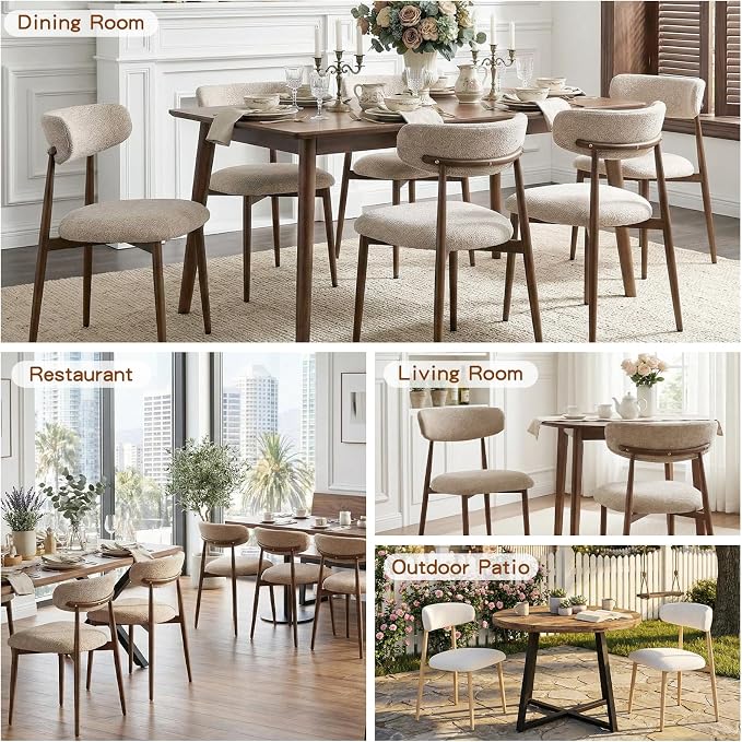 Furniliving Mid Century Modern Dining Chairs Set of 2, 300 lbs Capacity Upholstered Chenille Kitchen Chairs with Walnut Grain Metal Legs and Ergonomic Curved Back, Camel(Walnut/Chenille)