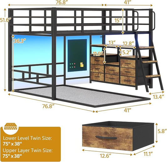 Bunk Bed Twin Over Twin,Low Bunk Bed with 8 Drawers & 4 Shelves & 15" H Safety Guardrail,Metal L-Shaped Twin Bunk Bed with LED Lights and Charging Station,Floor Bunk Beds with Ladder,Vintage Brown