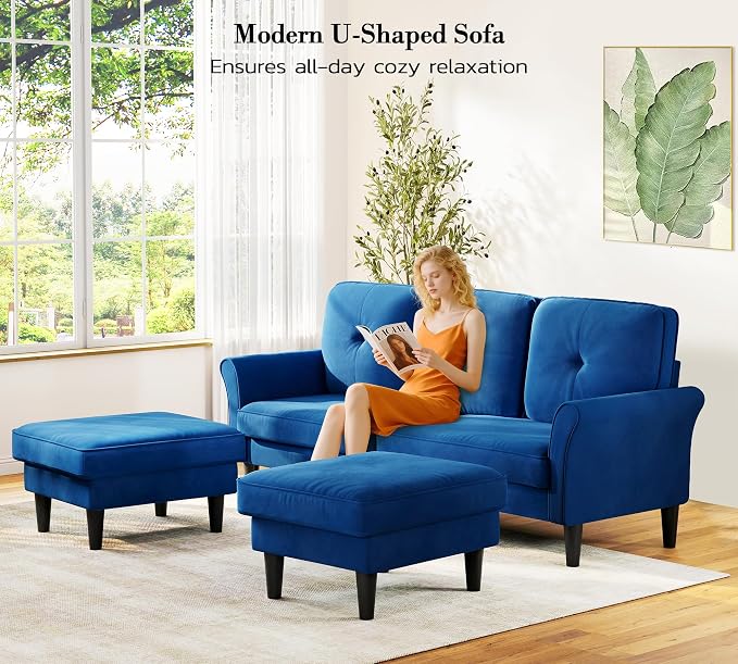 Kidirect Small Sectional Couch, 83" U Shaped Couch, Comfy Velvet Couches for Living Room, Tool-Free Setup Modular Sectional Sofa, 850lbs Load Sofas for Living Room with 2 Movable Ottomans, Blue Couch