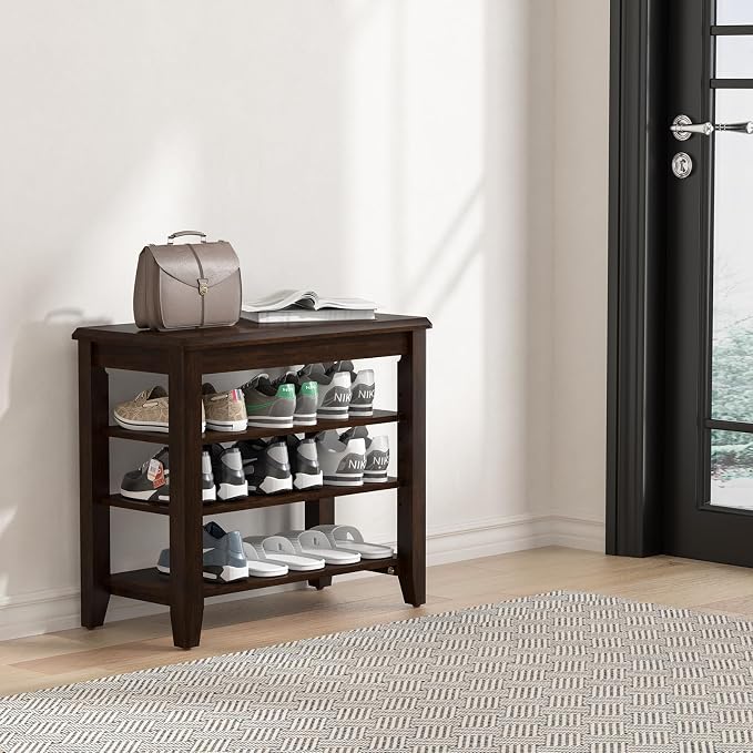 Taitiy Shoe Bench Storage Rubberwood, Entryway Bench with 3-Tiers Height Adjustable, Shoe Rack Front Door Entrance Organizer for Hallway Living Room, Mudrooms, Walnut,23.6"