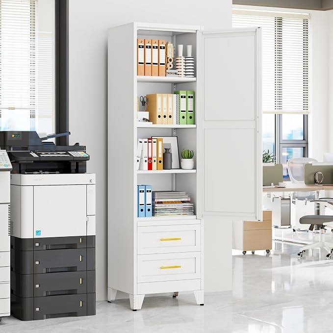Tall Metal Narrow Storage Cabinet 67" H with 2 Drawer, White Pantry Cabinets with 2 Adjustable Shelves and Door,Tall Bathroom Cabinet for Kitchen, Home Office, Living Room, Dining Room