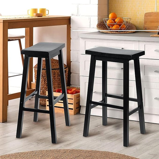PJ Wood Classic Saddle Seat 24 Inch Kitchen Bar Counter Stool with Backless Seat & 4 Square Legs, for Homes, Dining Spaces, and Bars (2 Pack)