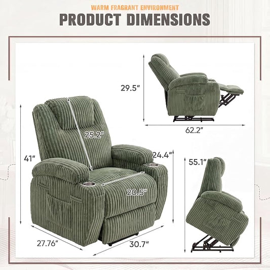 Flamaker Power Lift Recliner Chair Electric Lift Recliner for Elderly Power Lift Recliner Chair with Cup Holders Side Pockets for Living Room (Corduroy, Green)