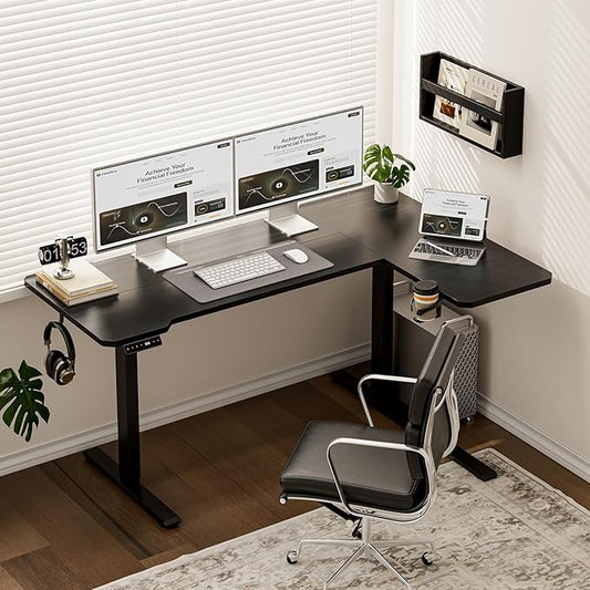 Acrolix L Shaped Electric Standing Desk - 51x31.5 Inch Reversible Corner Sit Stand Desk with Hook&Cup Holder,Electric Height Adjustable Table,for Small Home Office&Bedroom Computer Desk, Black