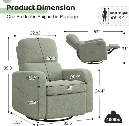 Power Swivel Rocker Recliner, Oversized Electric Boucle Recliner Chair, Teddy Swivel Glider Nursery Reclienr with Removable Cushion, Upholstered Recling Chair for Living Room Bedroom, Green