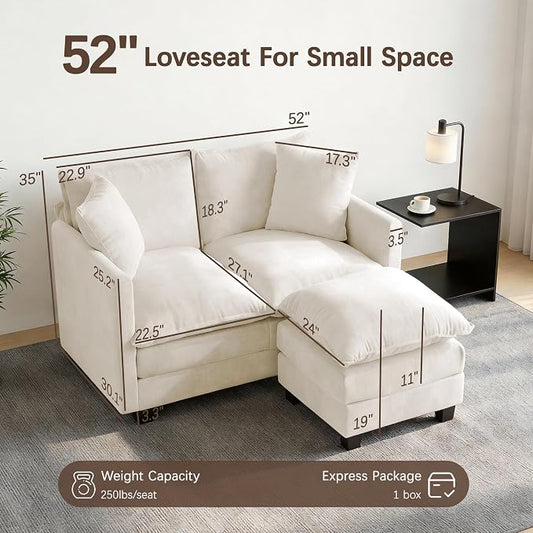 Loveseat Sofa with Ottoman, 52''Modern Cloud Sofa Couch with 27" Deep Seat & 2 Pillows, Comfy Chenille Small Couch for Small Spaces, Apartment, Studio, Bedroom, Living Room (Beige, Loveseat + Ottoman)