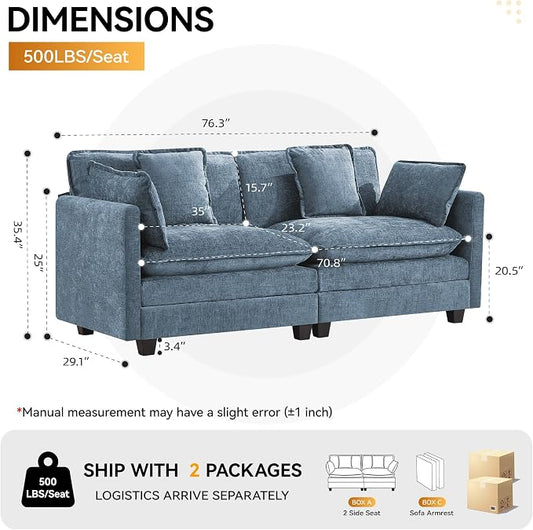 76" Cloud Loveseat Sofa, Modular Sectional Couch with Deep Seats and Double-Layer Thick Cushions, Chenille Upholstered 2-Seat Sofa for Living Room Apartment, Blue