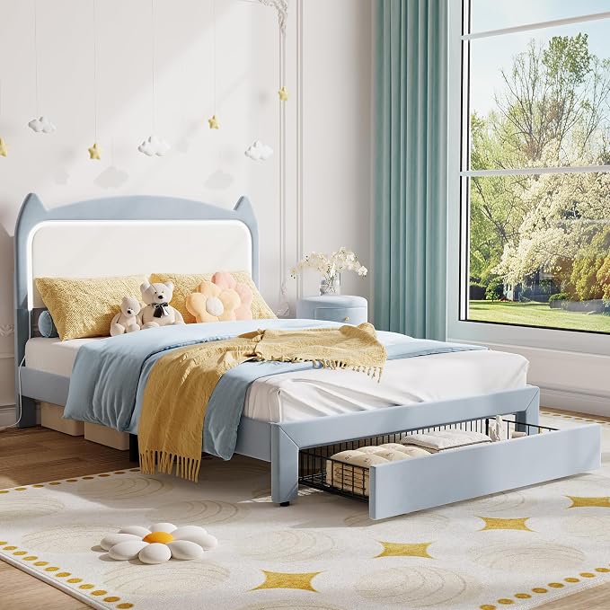 Garvee Full Size Bed Frame with Storage Drawer and Cat Headboard, Platform Bed Frame with RGB LED Lights, Strong Wood Slats Support, Noise Free, No Box Spring Needed, Easy Assembly, Blue and White