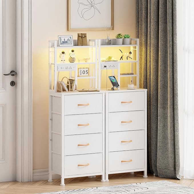 Furnulem Tall Night Stand, 52.1 Inch LED Nightstand with Charging Station and USB Ports, 4 PVC Fabric Drawers and 4 Tier Storage Shelf, Bedside Table for Bedroom, Dorm, Office (White)