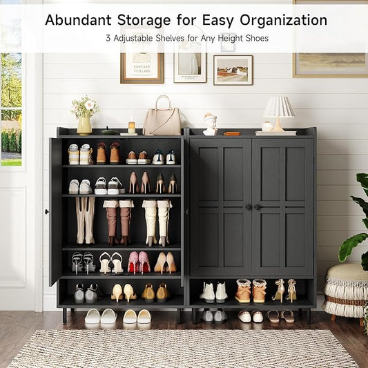 ONBRILL Shoe Cabinet with Cross Molding Doors, 6-Tier Shoe Storage Cabinet with 3 Adjustable Shelves and Metal Legs, 45'' Tall Shoes Rack Organizer Cabinet for Entryway, Front Door, Black
