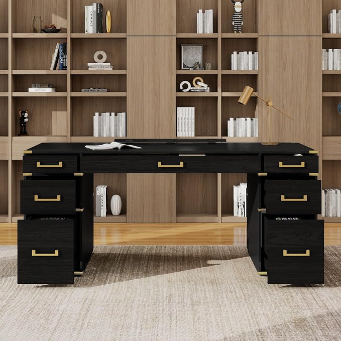 RuiSiSi 70” Extra-Large Classic and Traditional Executive Desk with Metal Edge Trim, Writing Desk with 2 File Drawers, USB Ports and Outlets, Black+Gold