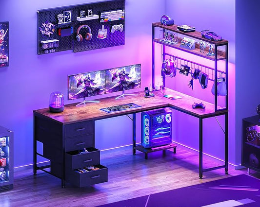 AODK L Shaped Gaming Desk with Hutch, 59" Computer Desk with 4 Drawers & Storage Shelves, Reversible Corner Desk with LED Light & Power Outlets, Gamer Table for for Home Office, Vintage