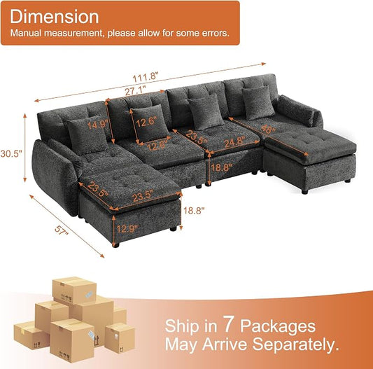 112" U Shaped Modular Sectional Cloud Sofa with 2 Ottomans, Oversized Deep Seat Tufted Chenille 6-Seater Couch with Curved Arms, Upholstered Sofas for Living Room, Dark Grey