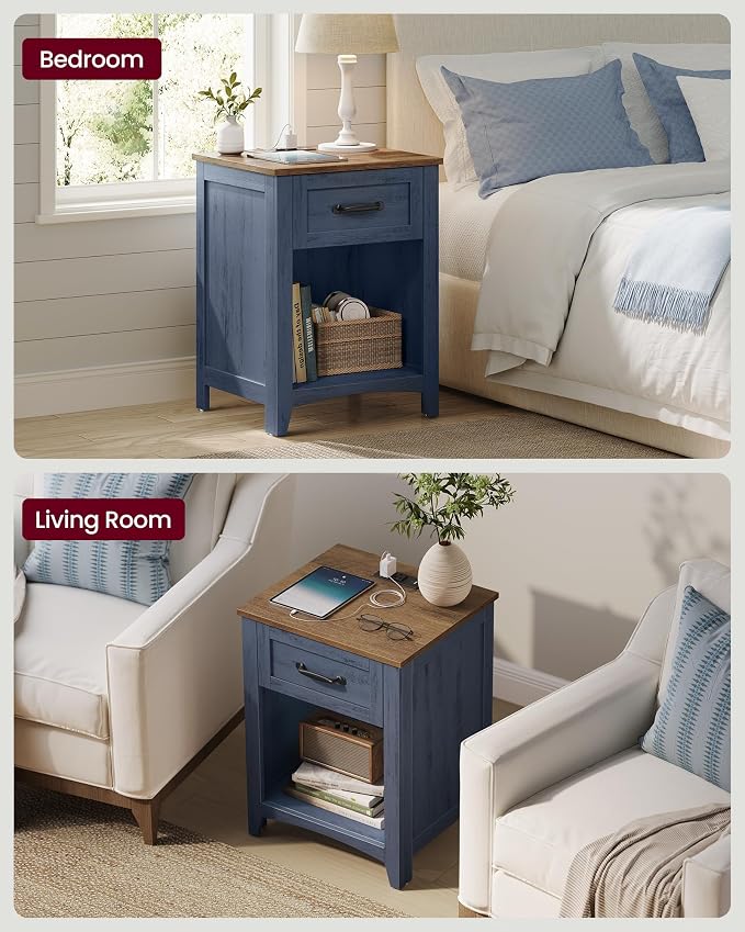 VASAGLE LIRY Collection - Farmhouse Nightstands with Charging Station, Set of 2 Bedside Tables, Side Tables with Drawer, Open Compartment, for Bedroom, Rustic Blue and Honey Brown LET659Q101S-2J