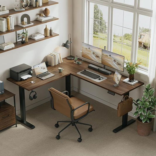 Klicelor L Shaped Standing Desk 63 x 55 Inch, Electric Height Adjustable Corner Desk for Home Office Workstation, Ergonomic Sit Stand Computer Table with Memory Controller, Dark Walnut