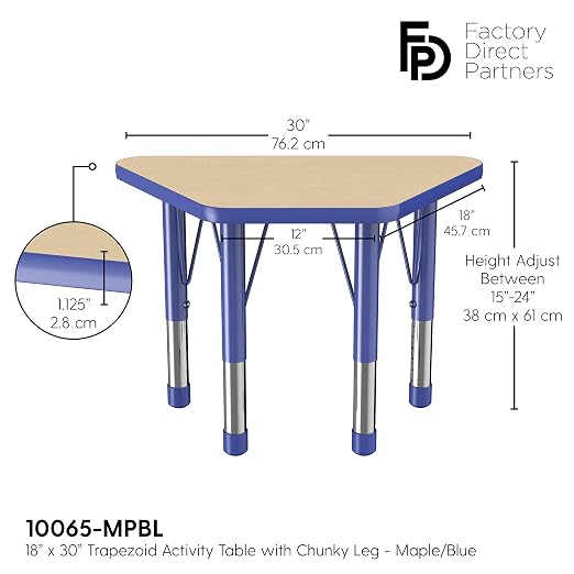 FDP Trapezoid Activity School and Classroom Kids Table (18 x 30 inch), Chunky Toddler Legs for Collaborative Seating Environments, Adjustable Height 15-24 inches - Maple Top and Blue Edge