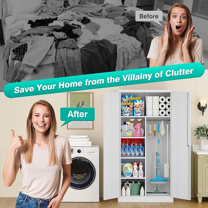Wide & Deep Metal Storage Cabinet with Hanging Rod,White Broom Closet Storage Cabinet with Lock,72" Tall Wardrobe Cabinets with Doors and Shelves,Locking Steel Tool Cabinets for Home,Office,Garage