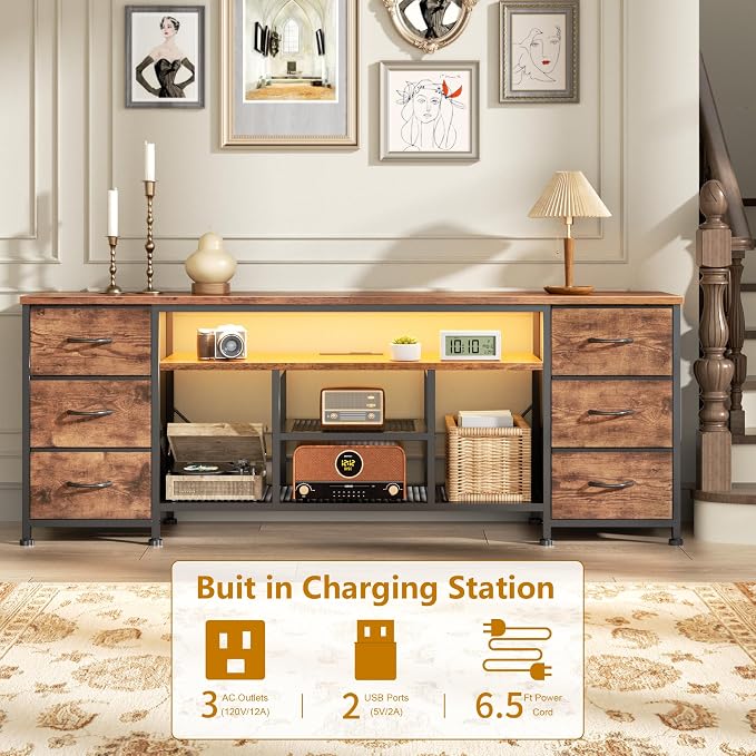 Furologee LED TV Stand for 65, 70 Inch TV, 63 Inch Entertainment Center with Power Outlets, 6 Fabric Drawers Dresser for Bedroom, Media Console with Open Shelves, Rustic Brown