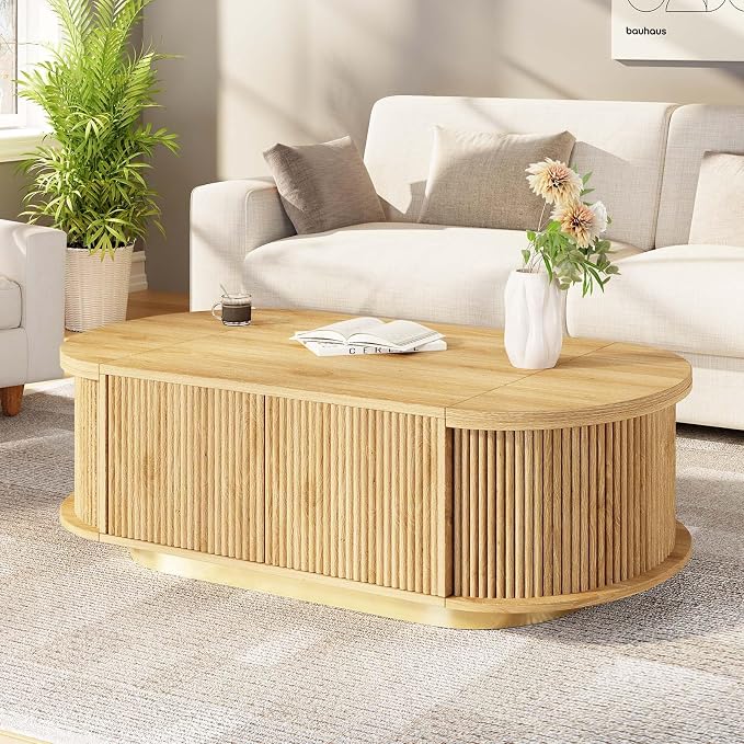 HSH 47" Oval Coffee Table with Storage, Oak Coffee Table for Living Room | Modern Center Table with Press Type Door, Fluted Living Room Tables with 2 Flip-Top Hidden Lids, Wood Table