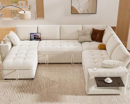 Vipbear 111" Modular Sectional Sleeper Sofa with Pull Out Bed, 7 Seat Chenille L Shaped Couch with Storage Chaise|USB Ports|Cup Holders|Side Table|LED Light, Tool Free Assembly, Beige