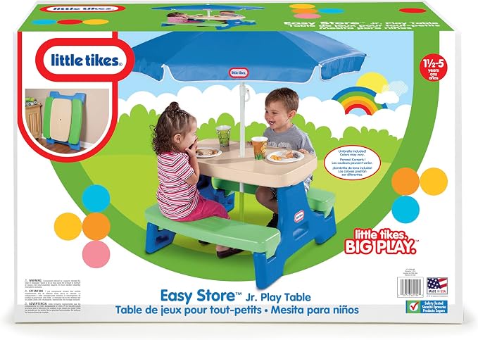 Little Tikes Easy Store Jr. Picnic Table with Umbrella - Blue / Green, 27.25''L x 27.00''W x 18.25''H