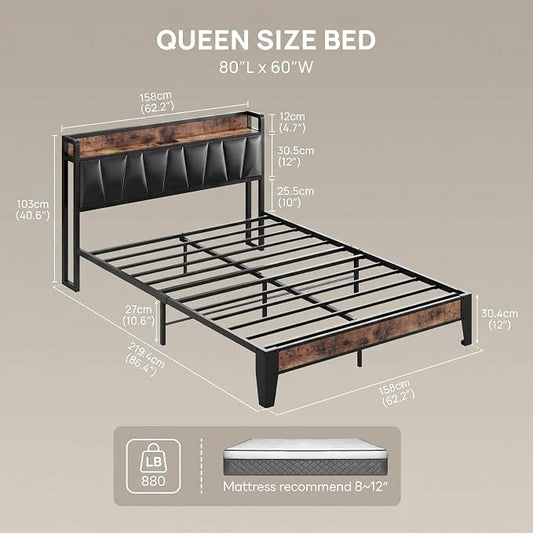 LIKIMIO Queen Bed Frame, Storage Headboard with Charging Station, Solid and Stable, Noise Free, No Box Spring Needed, Easy Assembly (Vintage and Black)