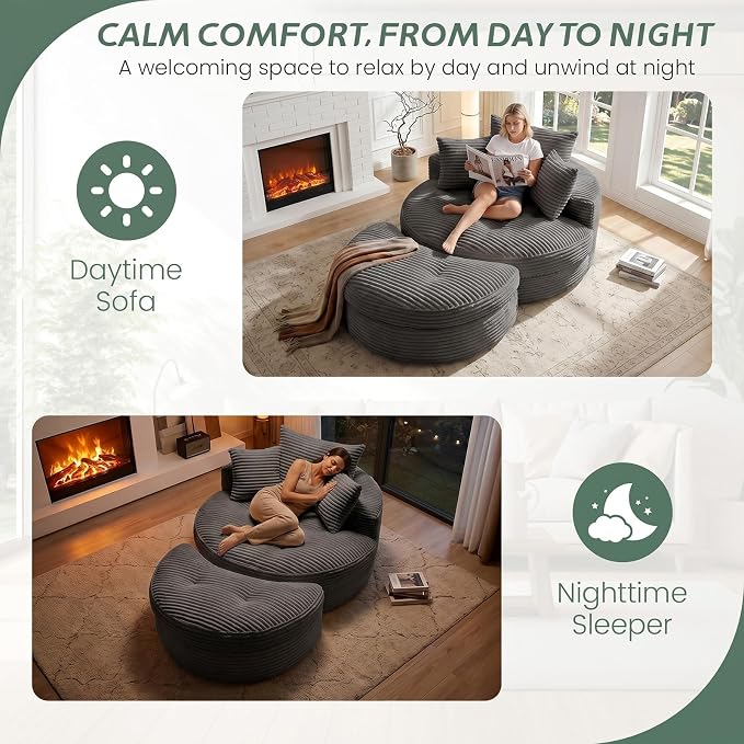 Oversized Round Chaise Lounge Chair, Deep Seat Cloud Boneless Floor Sofa Couch, Upholstered Corduroy Sleeper with 3 Pillows & Optional Ottoman, No Assembly Modern Lazy Floor Lounger for Living Room