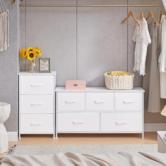 Somdot Dresser for Bedroom with 3 Drawers, Storage Organizer Chest of Drawers with Removable Fabric Bins for Closet Bedside Living Room Laundry Entryway Hallway, White Leather