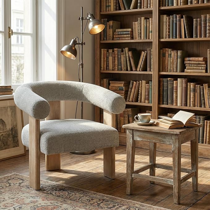 VKNOW Accent Chair Living Room Chair, Modern Upholstered Arm Chair with Solid Wood Legs, Comfy Barrel Accent Chair for Living Room, Bedroom, Grey
