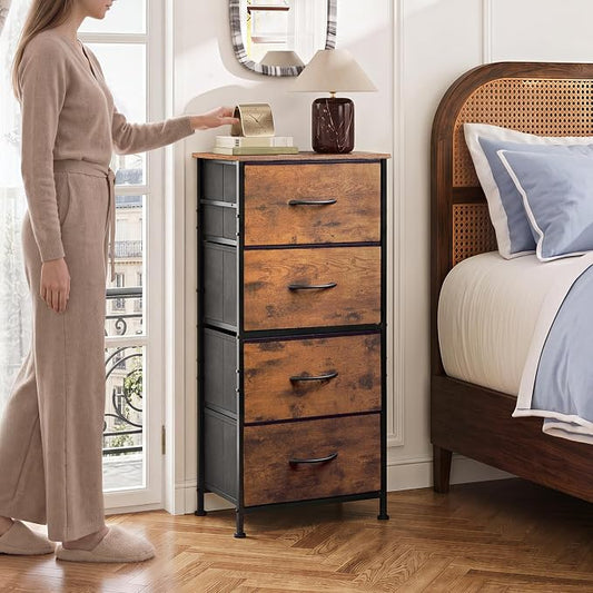 WLIVE Dresser with 4 Drawers, Fabric Storage Tower, Organizer Unit for Bedroom, Hallway, Entryway, Closets, Sturdy Steel Frame, Wood Top, Easy Pull Handle, Rustic Brown Wood Grain Print