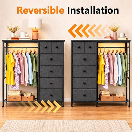 Simple Deluxe Storage Clothes Rack with 6 Drawers, Charging Station & LED Lights, Fabric Chest Shelves Clothing Rack, Wooden Portable Wardrobe Closet, 49.2" W x 15.7" D x 47.2" H, Gary