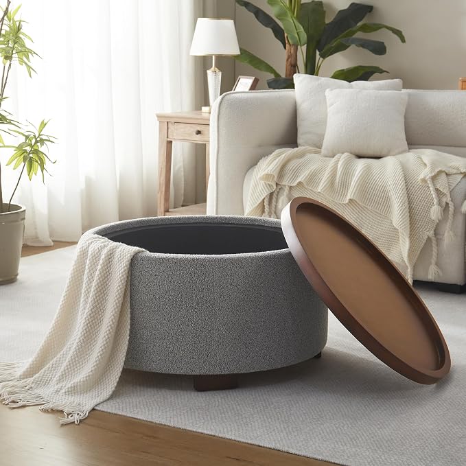 Zihanhome 30 Inch Round Storage Ottoman Coffee Table, Modern Boucle Ottoman with Lift-Off Lid and Solid Wood Legs for Living Room, Bedroom, Corners, Apartments (Light Grey)