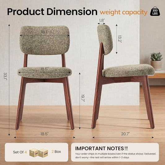 COLAMY Dining Chairs Set of 4, Modern Upholstered Kitchen Room Chairs with Solid Red Oak Wood Legs, 5-Min Easy Assembly Anti-Wobble, High-Weight Fabric Farmhouse Side Chair, 300lbs,Walnut,Brown