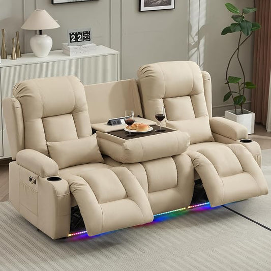 URRED Power Loveseat Recliner Sofa with Massage and Heat, Wall Hugger Reclining Loveseat with Console, RV Couch Home Theater Seating with LED Lights for Living Room (Beige, 76.8" - 3 Seats)