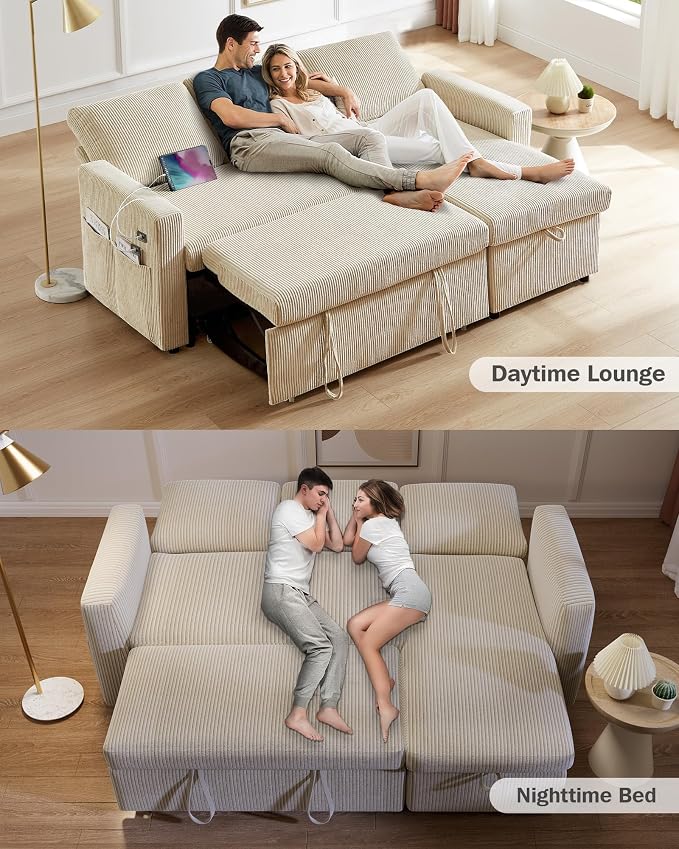 Vipbear 80" Sectional Sleeper Sofa Bed with Pull Out Bed, L Shaped Couch Pull Out Couch with Reclining Backrest, Reversible Storage Chaise, USB Ports, Tool-Free Assembly, Corduroy Beige