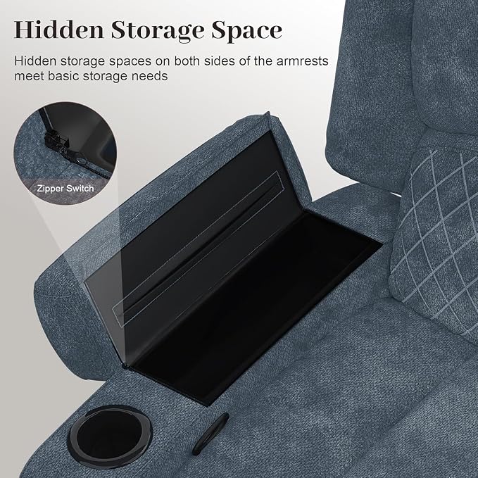 Yolsali Recliner Chairs for Adults, Oversize Manual Reclining Chair with 2-Tier Cushions, Recliner Chair with Hidden Storage Space, Living Room Recliner Chairs with Cup Holders - Fabric Blue