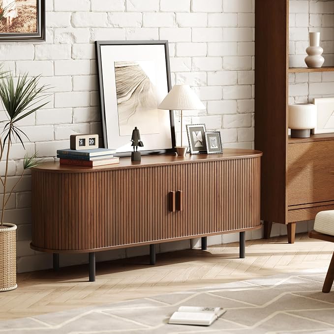 ONBRILL 55" TV Stand with Power Outlet for TVs up to 60 Inch, Entertainment Center with Storage and Adjustable Shelves, Modern Media Console with Sliding Doors for Living Room, Walnut