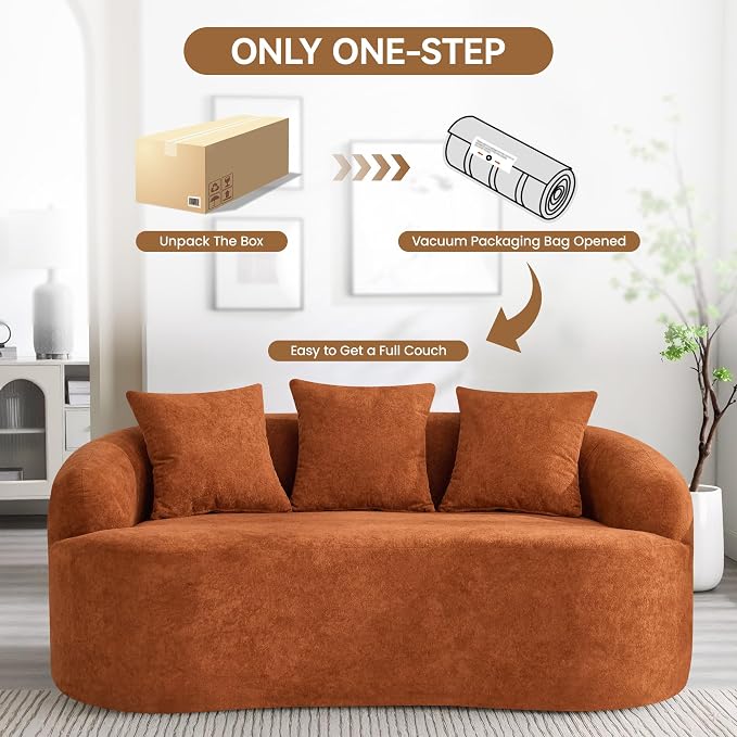 65" Boneless Loveseat Sofa Couch, Modern Comfy Curved Cloud Sofa, Chenille Deep Seat Love Seat Couches for Living Room, No Assembly, Orange
