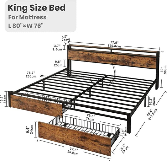LIKIMIO King Size Bed Frame with Storage Headboard, Platform King Bed with 2 Drawers and Charging Station, Heavy-Duty Metal Slats, No Box Spring Needed, Easy Assembly, Retro Brown