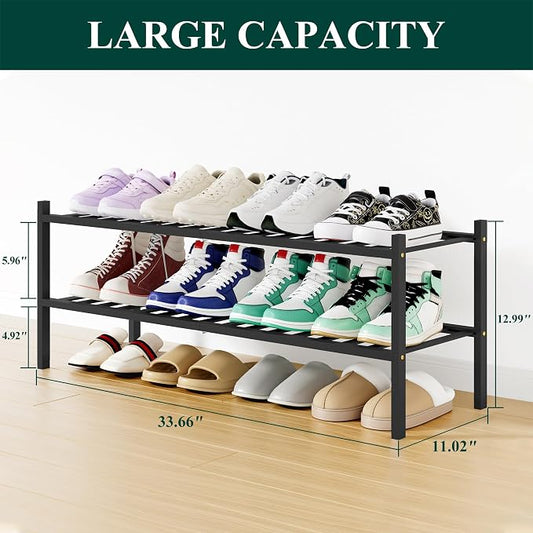 Smiry Long Bamboo Shoe Rack, 2 Tier Free Standing Wooden Shoe Organizer, Stackable Wood Shoe Storage Shelf for Closet, Entryway, 12 Vertical Slats, One-piece Standard Legs, 33.7"x11"x13", Black