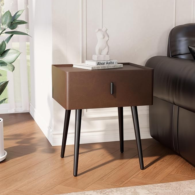Nightstand Set of 2 with Single Drawer,Leather Side Table,Modern Bedside Table with Metal Legs for Bedroom,Small Accent End Table,Brown