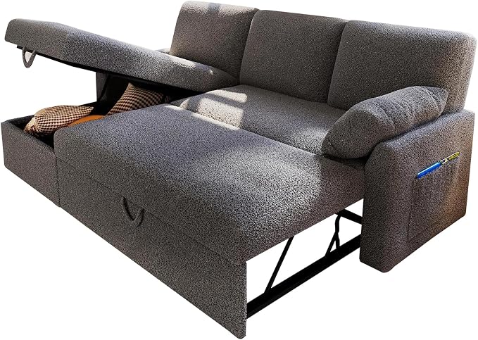 PaPaJet Sofa Bed, Sleeper Sofa with Storage Chaise, L Shaped Sofa with Pull Out Bed, Oversized Sofas for Living Room-Dark Gray Boucle
