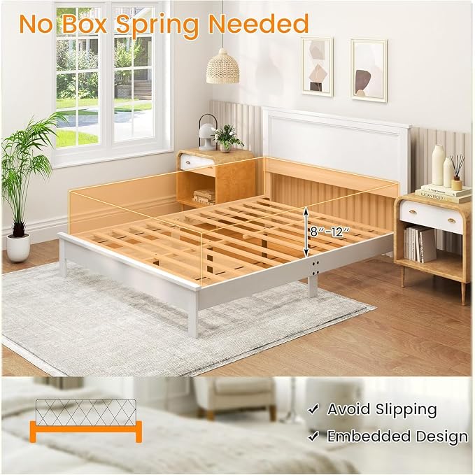 Wood Bed Frames with Headboard, Mid Century Bed Frame with Solid Wood Legs & Wooden Slat Support, Mattress Foundation Bed Base, No Box Spring Needed, (White, Queen (U.S. Standard))