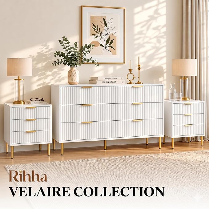 White and Gold Bedroom Furniture Set, 3 Piece Fluted Dresser and Nightstand Set with Gold Handles, 47" Dresser and Two 24" Bedside Tables