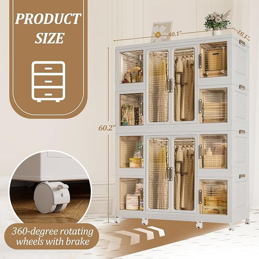 Portable Wardrobe Closet Organizer, Large Kids Wardrobe Closet with Magnetic Doors and Wheels, Collapsible Plastic Baby Clothes Storage Cabinet, 8 Cubes and 2 Wardrobes (18.1"D x 40.1"W x 60.2"H)