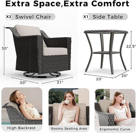 3 Pieces Patio Conversation Furniture Set - 2 Swivel Chairs, 1 Side Table, Outdoor Wicker Rocking Glider Armchairs with Washable Cushions for Porch, Balcony, Sunroom (Beige)