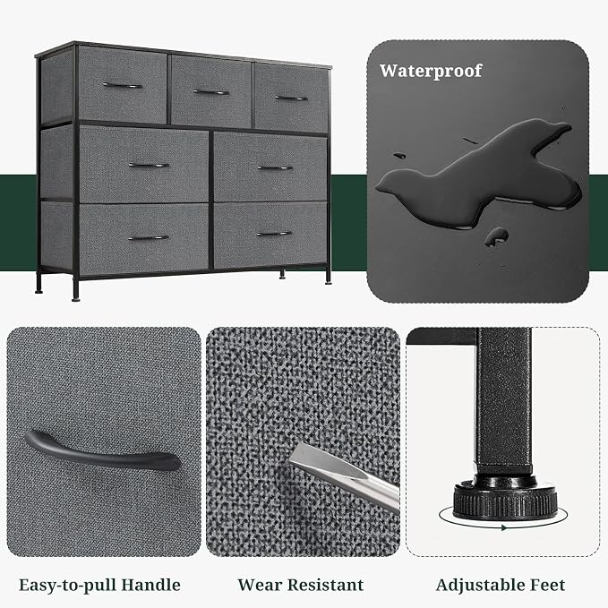 7-Drawer Dresser for Bedroom, Anti-Tip Wide Storage Organizer Fabric Chest of Drawers TV Stand for 45" TV with Wooden Top and Metal Frame for Closet, Living Room, Hallway, Entryway, Gray