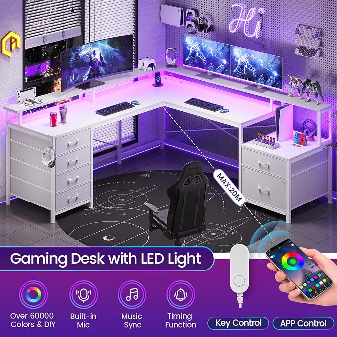SEDETA L Shaped Desk with 6 Drawer, 108" Home Office Desk with File Drawer & Power Outlet, Corner Computer Desk with Monitor Shelf, File Cabinet, Two Person Desk, Gaming Desk with Led Lights, White